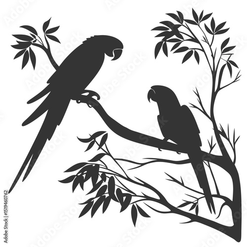 Silhouette of two macaws perched on tree branches vector graphic