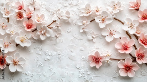 Delicate, sculpted blossoms in soft pinks and whites arranged on an embossed, off-white background, creating a serene and elegant floral composition