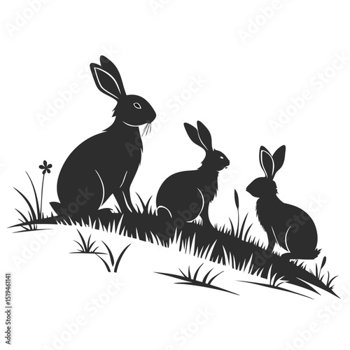 Three hare silhouettes in a grassy meadow wildflowers and greenery isolated on white