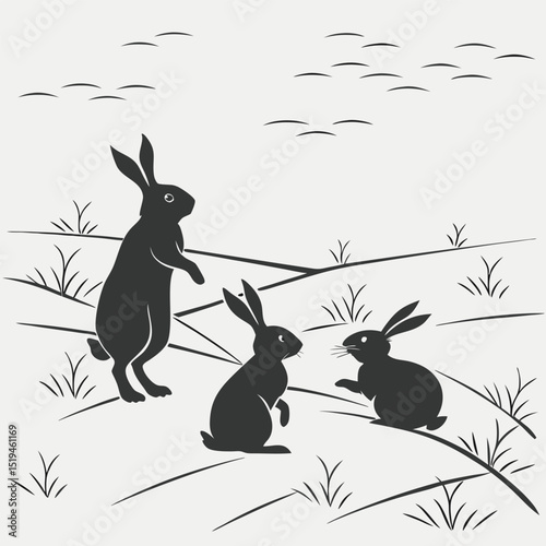 Three hares in field silhouette illustration wild rabbits minimalist design graphic