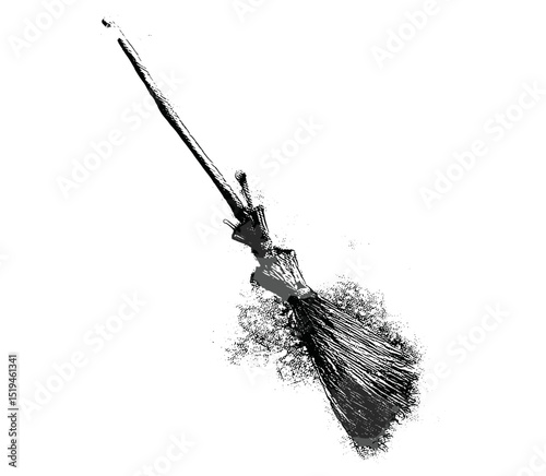 Witch broom, retro grainy texture, 90s aesthetic tattoo, grunge psychedelic surreal poster, vector illustration, vintage stipple photocopy effect, unique art, fantasy design.