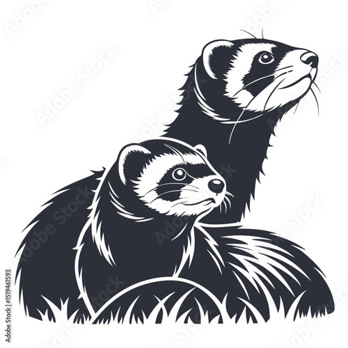 Two ferrets standing in grass monochrome illustration wildlife animal design