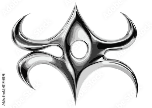 Chrome cyber sigil shape, abstract liquid mercury icon, brutalist metallic design element, aluminum gradient, vector illustration, futuristic style, fluid shape, 3d render, png.
