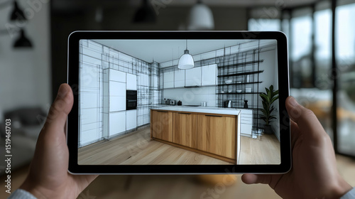 Virtual kitchen design application showcased on digital tablet device indoor