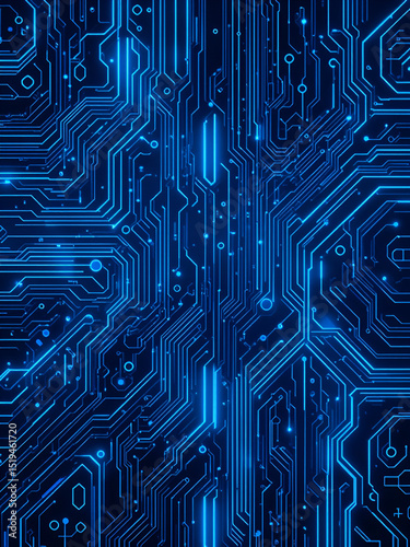 Vibrant futuristic blue circuit board pattern with glowing neon lines, abstract technological elements, and minimalist geometric shapes, conveying innovation and digital connectivity.