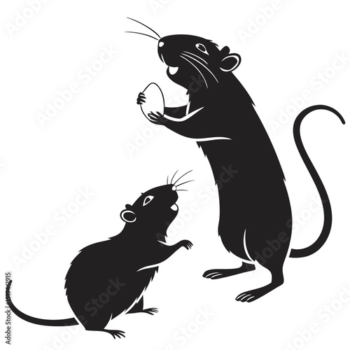 Two playful rats interact with an oval object in black silhouette style