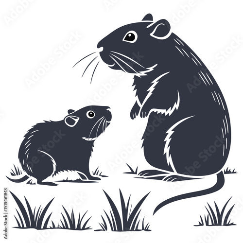 Two rats isolated on white background rodent family silhouette illustration