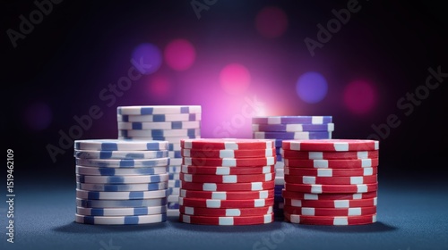 Stacks of colorful poker chips against a blurred, illuminated background create a vibrant casino atmosphere. photo