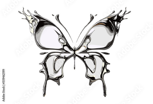 Cyber tribal butterfly flame tattoo with mercury melt effect, chrome metal 3D y2k icon, abstract sigil form, vector illustration, futuristic design, surreal art, transparent background.