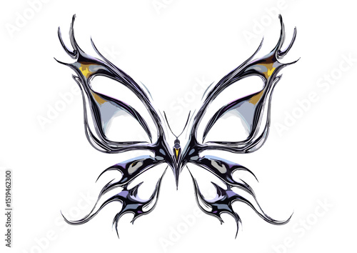 Chrome butterfly icon with flame tattoo shape, melted metallic cyber sigil in mercury form, 3D tribal y2k design element, vector illustration, abstract sculpture, cutout.