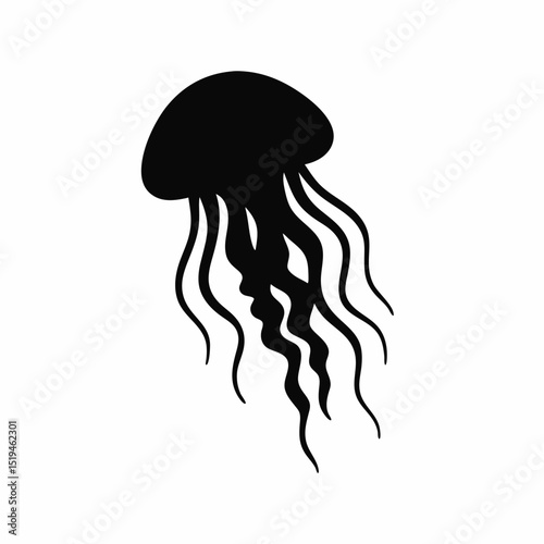 A black silhouette of a jellyfish gracefully floating in the water, its tentacles flowing gently, creating a sense of serene movement in the ocean depths.