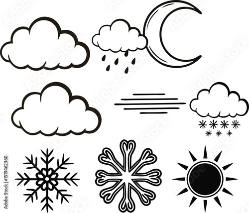 Black and White Weather Icon Set with Sun Moon Clouds and Snowflakes