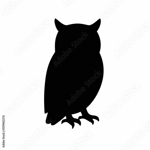 Silhouette of an owl, a nocturnal bird of prey, perched with its wings folded, showcasing its characteristic features: large eyes, hooked beak, and sharp talons.