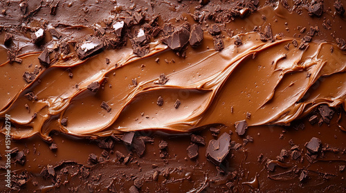 Close-up shows a mouthwatering view of smooth, light brown chocolate frosting artfully spread. Dark chocolate chunks scattered across the surface provide additional decadent texture