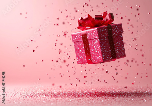 A square pink gift box tied with a red ribbon is suspended in the air. Tiny red star confetti rains down around the present, resting on a bed of glitter on a pink surface