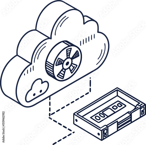Isometric Cloud Computing with Fan and Cassette Tape Representing Data Storage