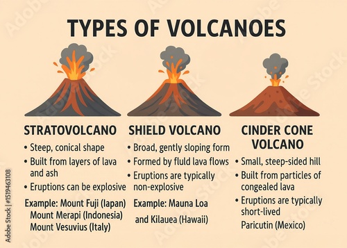 An infographic illustrating the types of volcanic phenomena that occur on Earth.