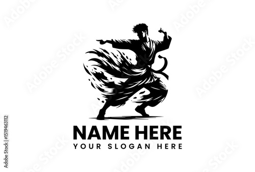 Martial arts stencil vector logo of kung fu fighter performing energetic mid-air kick