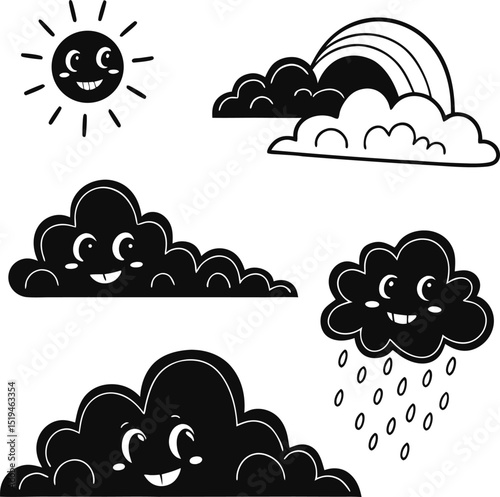 Cartoon Weather Icons Smiling Sun Clouds Rainbow and Rain in Black and White