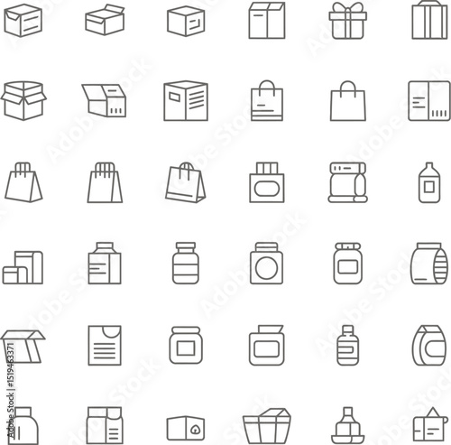 Vector packaging icons set collection of box bag bottle jar container outline style minimal design 100 editable stock vector illustration