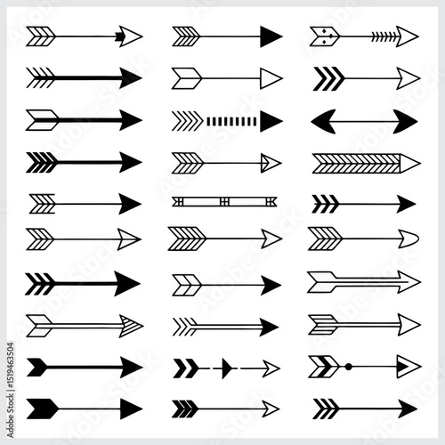 Collection of various white arrows on transparent background, concept for graphic design elements, website design, and user interface