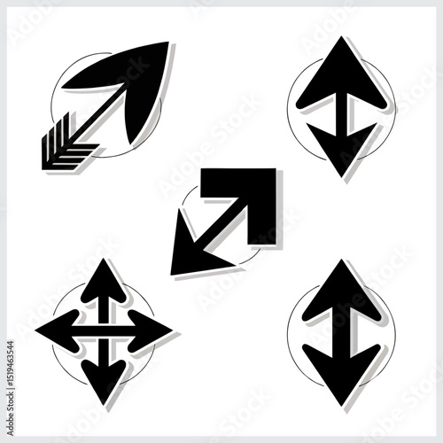 Stylized Vector Arrows Set, Black Modern Arrow Designs with Unique Tips and Drop Shadows on White Background for Web and Interface Use