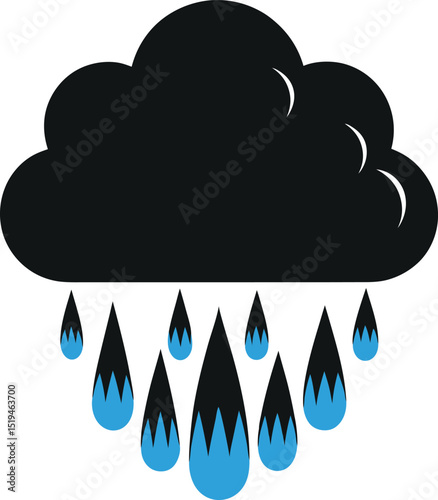 Stylized Black Cloud with Blue Raindrops Isolated on White Background