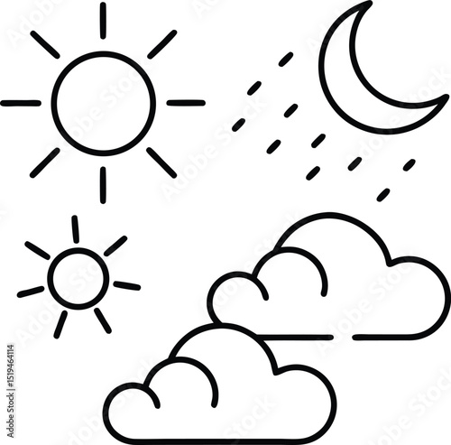 Weather Icons Depicting Sun Moon Rain and Clouds in Simple Line Art
