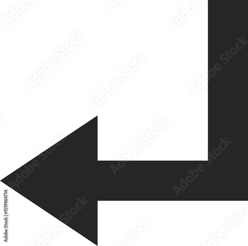 Simple black arrow pointing left and down, creating an L shape against a clean white background. Symbolizing direction, return, or previous options in navigation and design