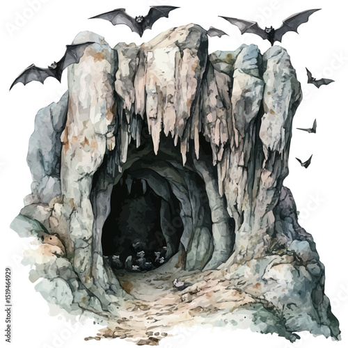 Bat Caves, watercolor vector, high quality, isolated on a white background.