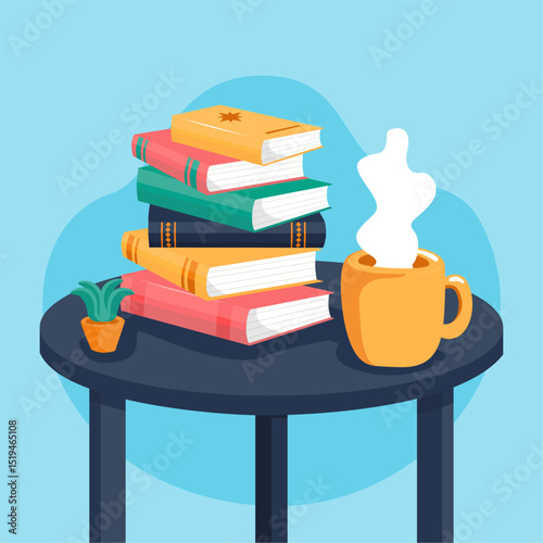 cozy books and coffee mug illustration 