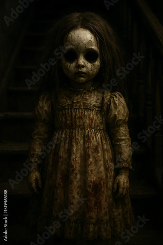 Creepy antique doll standing on dark staircase in eerie scene