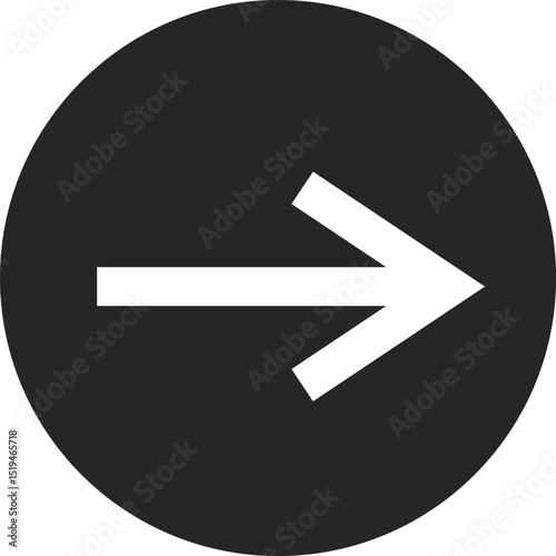 Minimalist vector graphic of a white arrow pointing to the right, enclosed within a dark gray circle, conveying direction, guidance, or progress