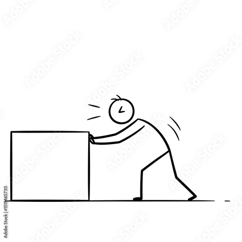 Stick man pushing a large object with effort and force