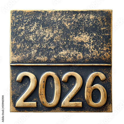 A weathered metal plaque featuring the year 2026, symbolizing future opportunities and reflections on time.