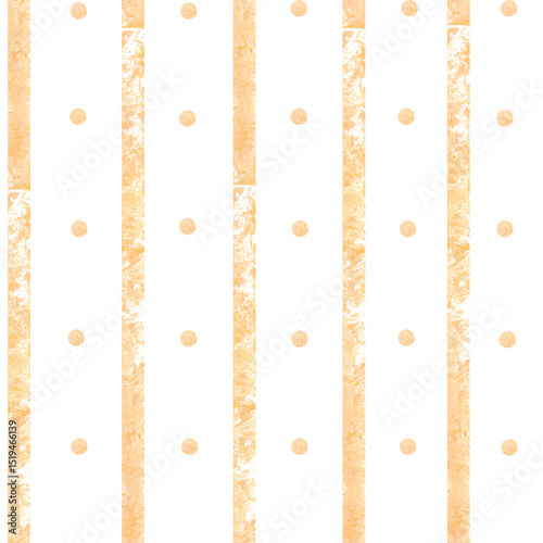 Hand drawn vertical striped pattern and polka dot. Beige lines on white background. Thin watercolor stripes. Loose line design