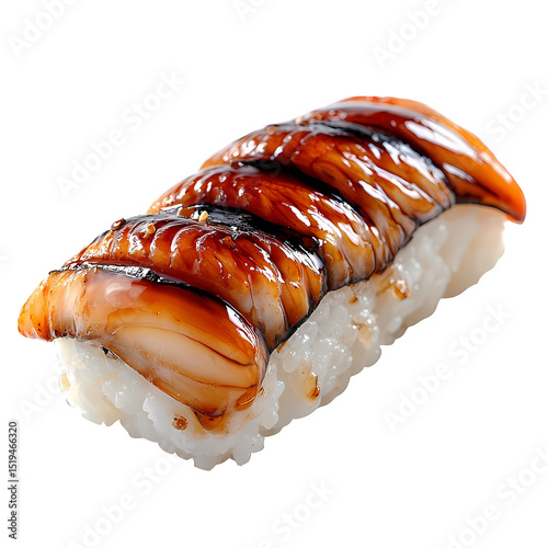 Delicious sushi with a glossy eel topping, served on a bed of perfectly shaped rice.
