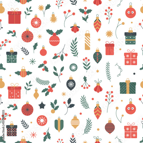 Christmas seamless pattern festive holiday background with ornaments gifts and decorations design 100 char editable stock vector illustration