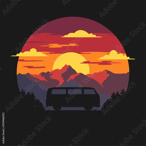 silhouette camper van in front of mountain landscape illustration