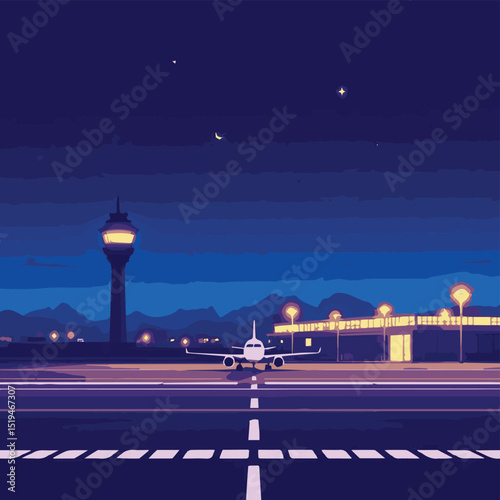 Night Airport Runway with Tower
