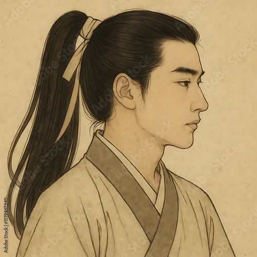 Traditional ink-style portrait of samurai in profile view