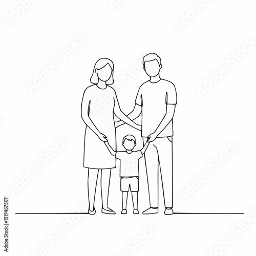 Family holding hands with child in a simple line art illustration  