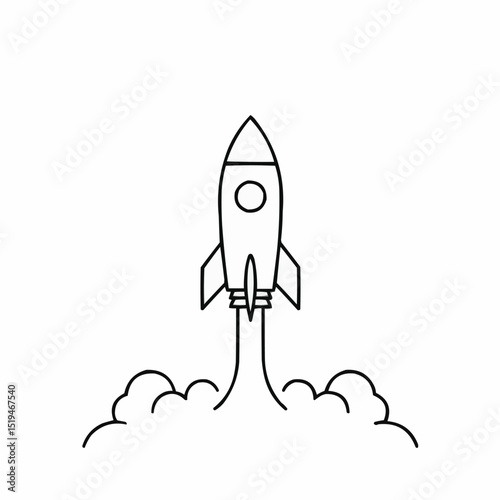 Simple rocket illustration launching with smoke trail in black and white  