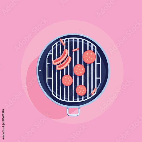 BBQ Grill with Sausages on Pink Background