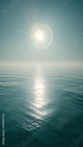 Serene teal ocean reflecting sunlight, hazy sky, bright sun high above. Tranquil, peaceful seascape with subtle waves. Minimalist, calming aesthetic.
