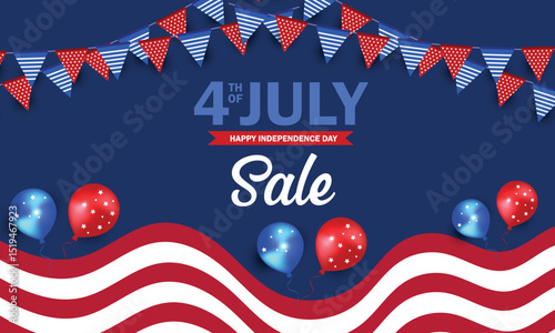 Fourth of July. Independence Day Sale Banner Design with Balloons and star flag color