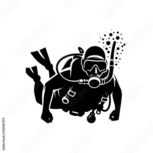 Powerful silhouette of a scuba diver with a mask and snorkel amidst rising bubbles. Sport concept