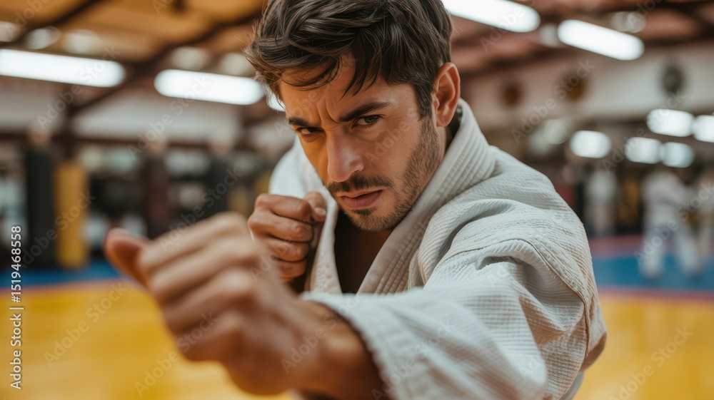 Obraz premium Determined karate practitioner in white gi demonstrating fighting stance with intense concentration. His powerful posture and focused expression showcase discipline and combat readiness in a tradition