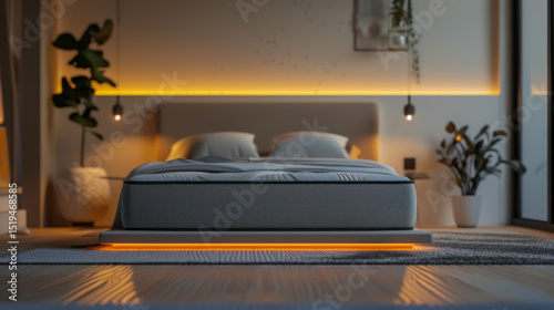 Stylish modern bedroom with minimal design, warm lighting, and cozy neutral tones. A clean, peaceful, and inviting interior for rest and relaxation.