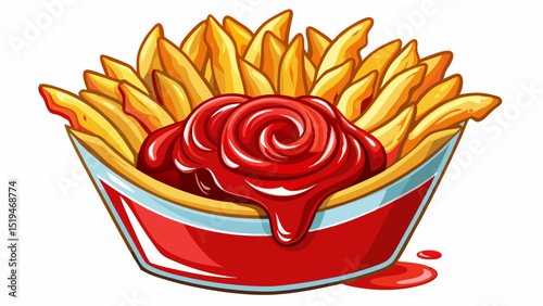 Golden, crispy French fries in a paper tray with a swirl of red ketchup, captured in a close-up view on white, highlighting their irresistible crunchy texture and classic street appeal.